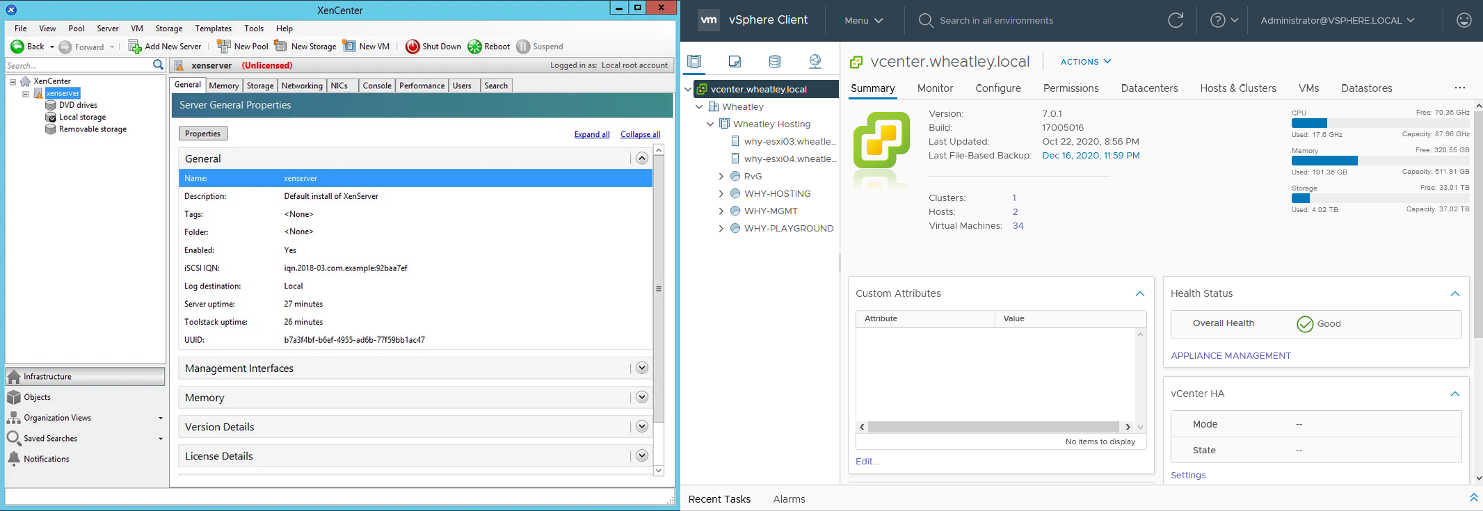 Comparison of the XenServer UI vs vCenter UI